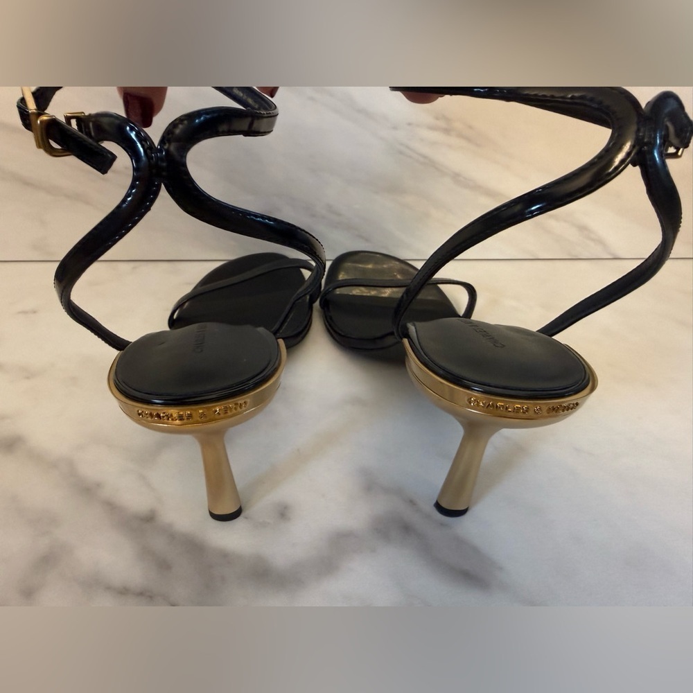 Charles & Keith Black Ankle Strap Heels with Gold Heel Minimalist Chic Size 39 - Picture 4 of 13